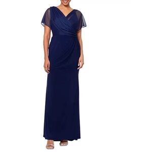 Betsy And Adam Draped Mesh Gown V-Neck Blue Dress Size 16